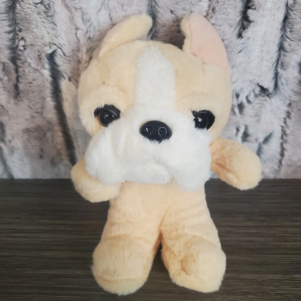 Small Beige Bulldog Boxer Puppy Plush Stuffed Animal,  Red Bow Avanti Dan Dee